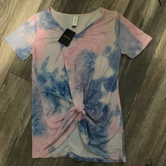 NWT AMCLOS PINK/BLUE TIE DYE V-NECK FRONT KNOT TWIST SHIRT SMALL - Picture 3 of 5